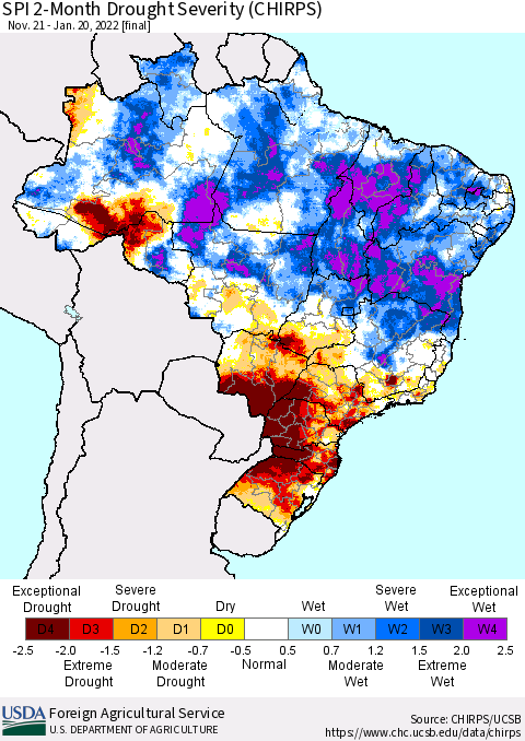 Brazil SPI 2-Month Drought Severity (CHIRPS) Thematic Map For 11/21/2021 - 1/20/2022