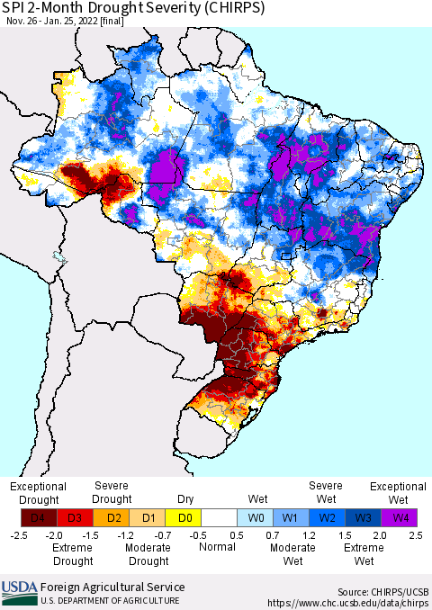 Brazil SPI 2-Month Drought Severity (CHIRPS) Thematic Map For 11/26/2021 - 1/25/2022