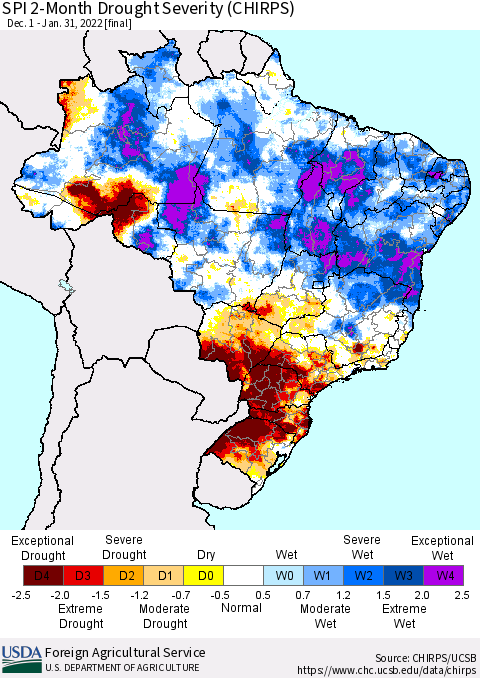 Brazil SPI 2-Month Drought Severity (CHIRPS) Thematic Map For 12/1/2021 - 1/31/2022