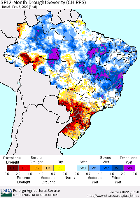 Brazil SPI 2-Month Drought Severity (CHIRPS) Thematic Map For 12/6/2021 - 2/5/2022
