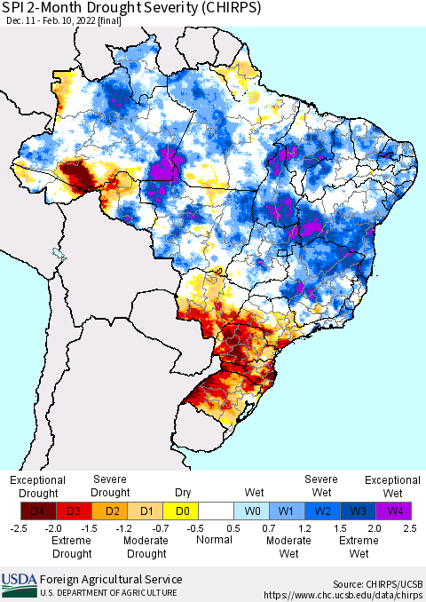 Brazil SPI 2-Month Drought Severity (CHIRPS) Thematic Map For 12/11/2021 - 2/10/2022