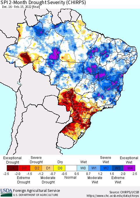 Brazil SPI 2-Month Drought Severity (CHIRPS) Thematic Map For 12/16/2021 - 2/15/2022