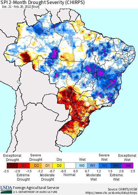 Brazil SPI 2-Month Drought Severity (CHIRPS) Thematic Map For 12/21/2021 - 2/20/2022