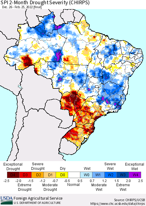 Brazil SPI 2-Month Drought Severity (CHIRPS) Thematic Map For 12/26/2021 - 2/25/2022