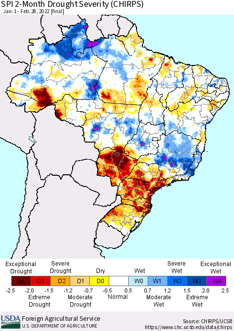 Brazil SPI 2-Month Drought Severity (CHIRPS) Thematic Map For 1/1/2022 - 2/28/2022