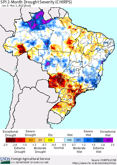 Brazil SPI 2-Month Drought Severity (CHIRPS) Thematic Map For 1/6/2022 - 3/5/2022