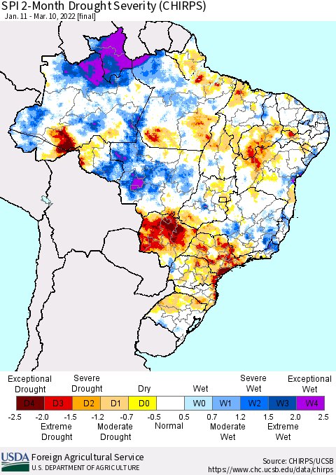 Brazil SPI 2-Month Drought Severity (CHIRPS) Thematic Map For 1/11/2022 - 3/10/2022