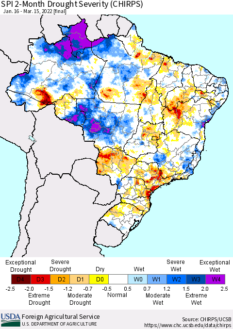 Brazil SPI 2-Month Drought Severity (CHIRPS) Thematic Map For 1/16/2022 - 3/15/2022