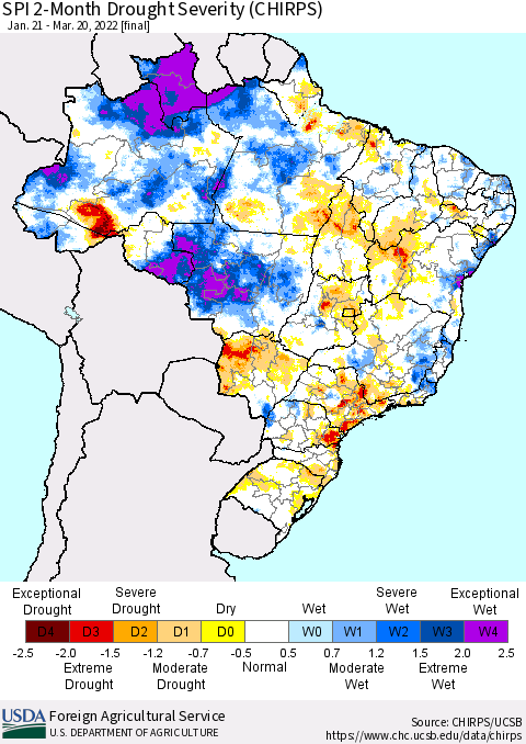Brazil SPI 2-Month Drought Severity (CHIRPS) Thematic Map For 1/21/2022 - 3/20/2022