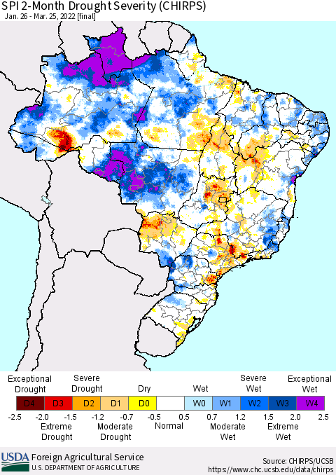 Brazil SPI 2-Month Drought Severity (CHIRPS) Thematic Map For 1/26/2022 - 3/25/2022