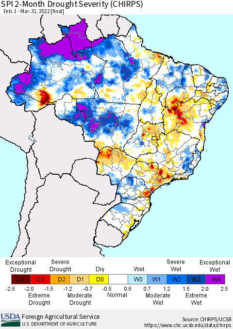 Brazil SPI 2-Month Drought Severity (CHIRPS) Thematic Map For 2/1/2022 - 3/31/2022