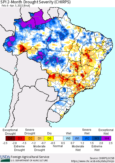 Brazil SPI 2-Month Drought Severity (CHIRPS) Thematic Map For 2/6/2022 - 4/5/2022
