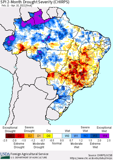 Brazil SPI 2-Month Drought Severity (CHIRPS) Thematic Map For 2/11/2022 - 4/10/2022