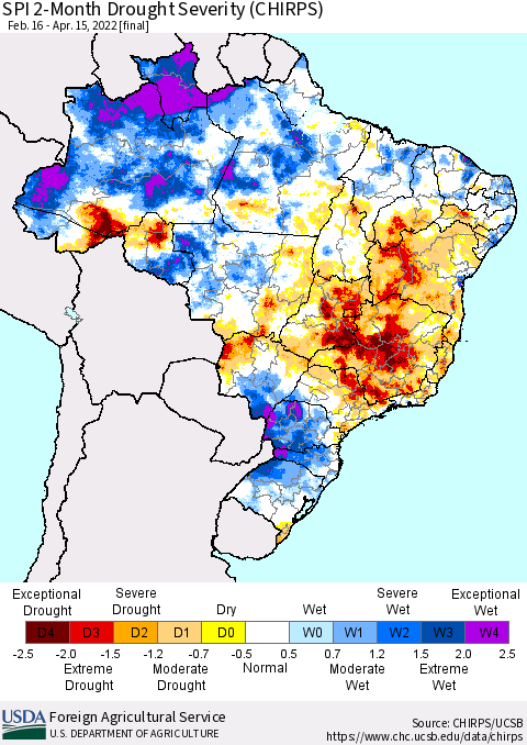 Brazil SPI 2-Month Drought Severity (CHIRPS) Thematic Map For 2/16/2022 - 4/15/2022