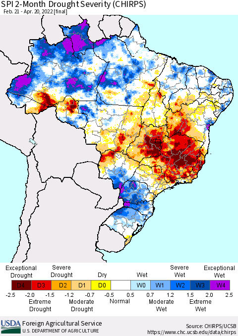 Brazil SPI 2-Month Drought Severity (CHIRPS) Thematic Map For 2/21/2022 - 4/20/2022
