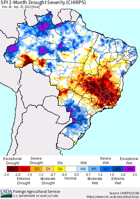 Brazil SPI 2-Month Drought Severity (CHIRPS) Thematic Map For 2/26/2022 - 4/25/2022