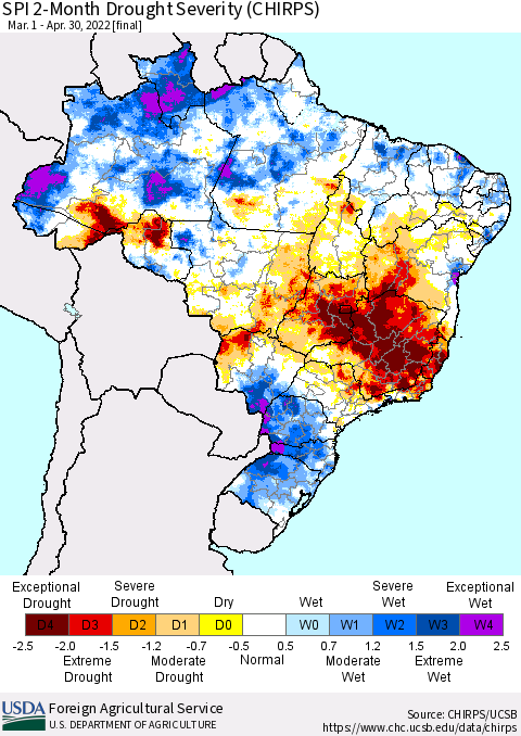 Brazil SPI 2-Month Drought Severity (CHIRPS) Thematic Map For 3/1/2022 - 4/30/2022