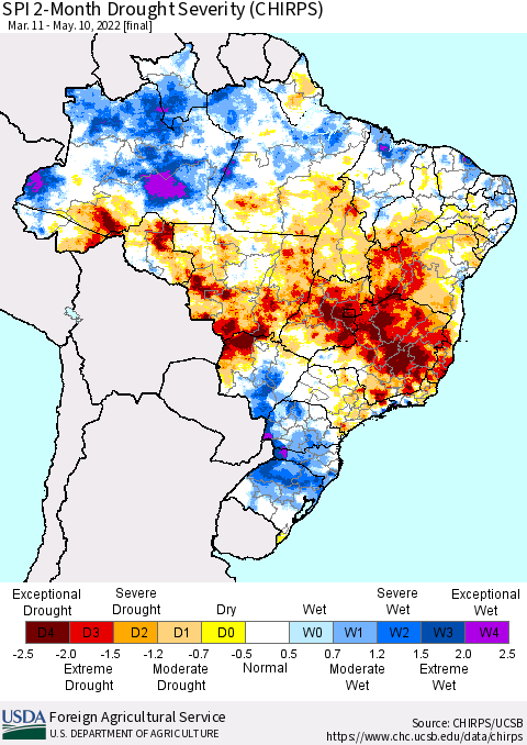 Brazil SPI 2-Month Drought Severity (CHIRPS) Thematic Map For 3/11/2022 - 5/10/2022