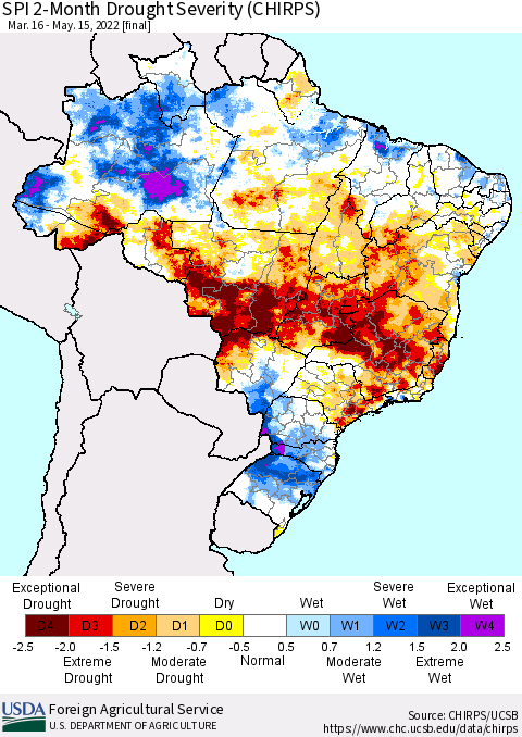 Brazil SPI 2-Month Drought Severity (CHIRPS) Thematic Map For 3/16/2022 - 5/15/2022