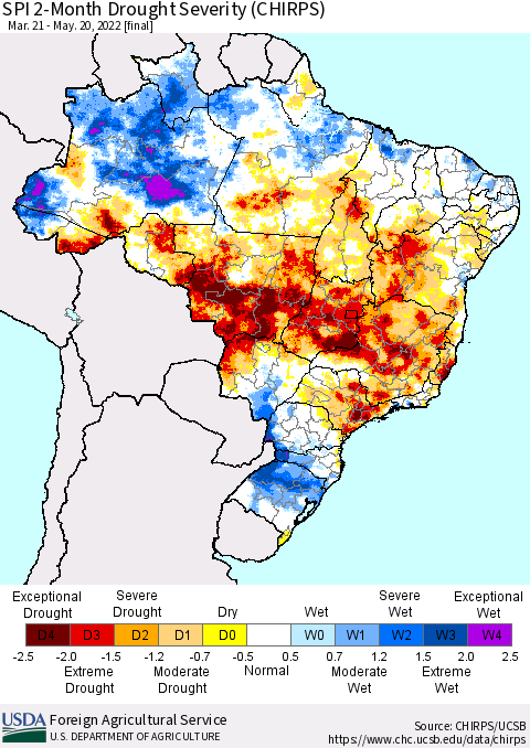 Brazil SPI 2-Month Drought Severity (CHIRPS) Thematic Map For 3/21/2022 - 5/20/2022