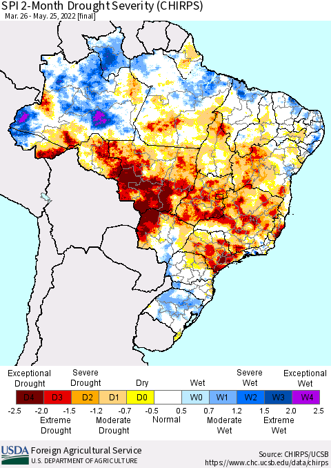 Brazil SPI 2-Month Drought Severity (CHIRPS) Thematic Map For 3/26/2022 - 5/25/2022