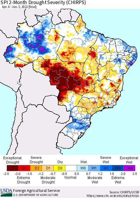 Brazil SPI 2-Month Drought Severity (CHIRPS) Thematic Map For 4/6/2022 - 6/5/2022