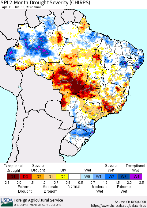 Brazil SPI 2-Month Drought Severity (CHIRPS) Thematic Map For 4/11/2022 - 6/10/2022