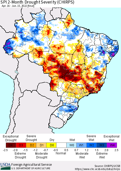 Brazil SPI 2-Month Drought Severity (CHIRPS) Thematic Map For 4/16/2022 - 6/15/2022