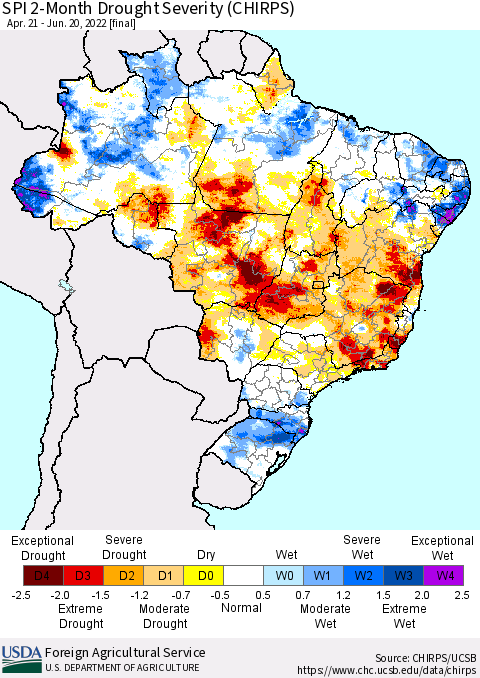 Brazil SPI 2-Month Drought Severity (CHIRPS) Thematic Map For 4/21/2022 - 6/20/2022