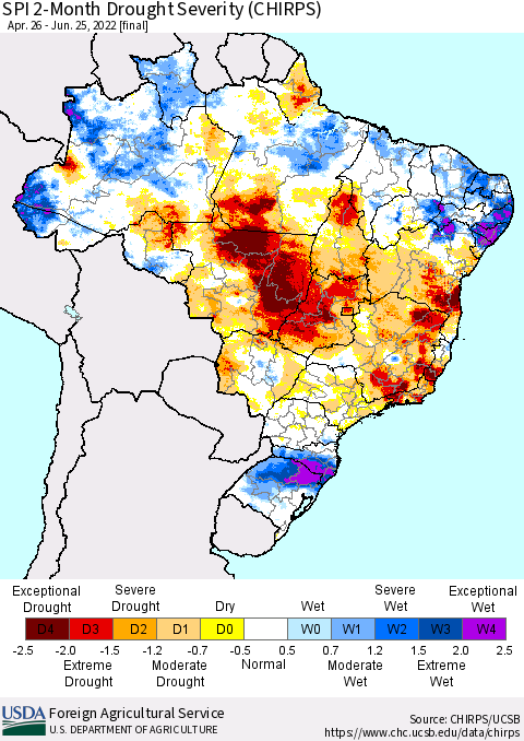 Brazil SPI 2-Month Drought Severity (CHIRPS) Thematic Map For 4/26/2022 - 6/25/2022
