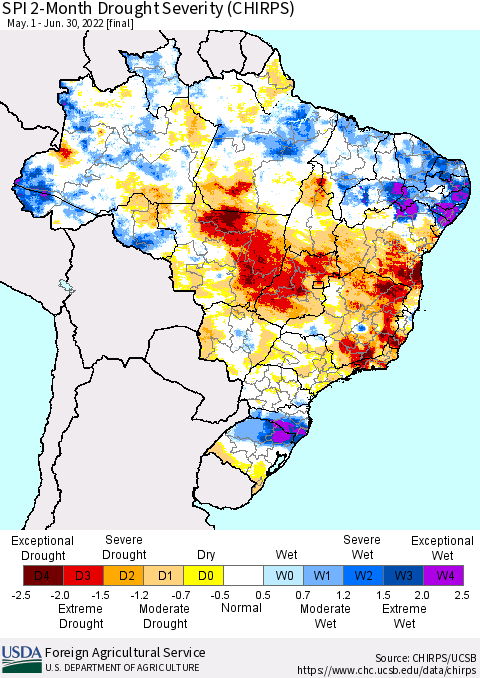 Brazil SPI 2-Month Drought Severity (CHIRPS) Thematic Map For 5/1/2022 - 6/30/2022