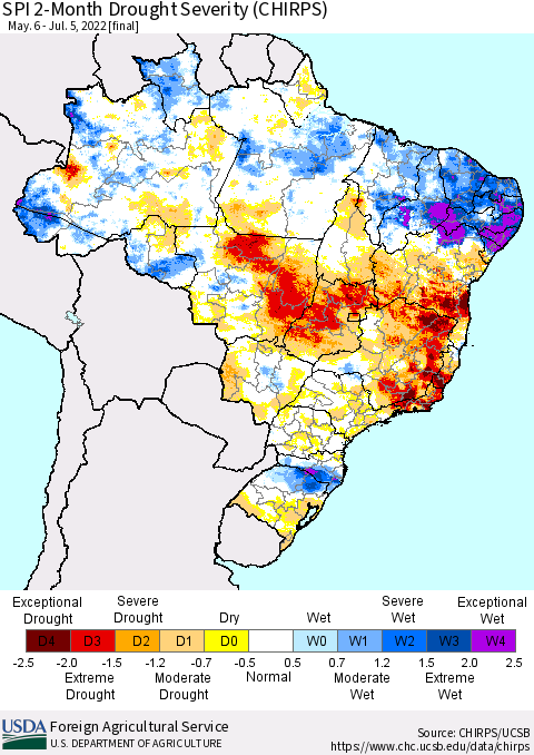 Brazil SPI 2-Month Drought Severity (CHIRPS) Thematic Map For 5/6/2022 - 7/5/2022