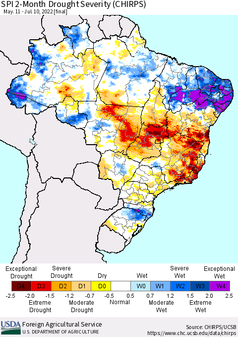Brazil SPI 2-Month Drought Severity (CHIRPS) Thematic Map For 5/11/2022 - 7/10/2022