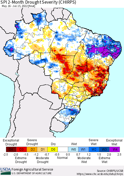 Brazil SPI 2-Month Drought Severity (CHIRPS) Thematic Map For 5/16/2022 - 7/15/2022