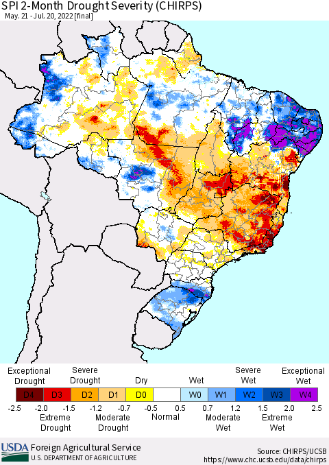 Brazil SPI 2-Month Drought Severity (CHIRPS) Thematic Map For 5/21/2022 - 7/20/2022