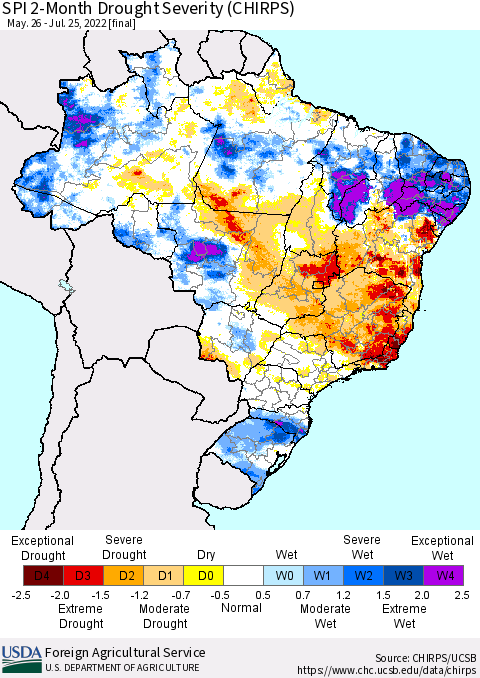 Brazil SPI 2-Month Drought Severity (CHIRPS) Thematic Map For 5/26/2022 - 7/25/2022