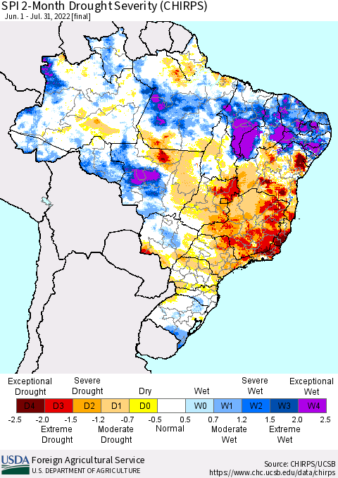Brazil SPI 2-Month Drought Severity (CHIRPS) Thematic Map For 6/1/2022 - 7/31/2022