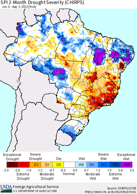 Brazil SPI 2-Month Drought Severity (CHIRPS) Thematic Map For 6/6/2022 - 8/5/2022