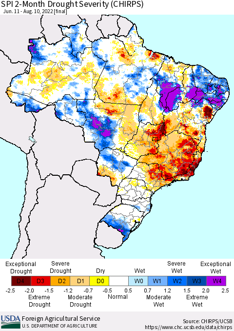 Brazil SPI 2-Month Drought Severity (CHIRPS) Thematic Map For 6/11/2022 - 8/10/2022