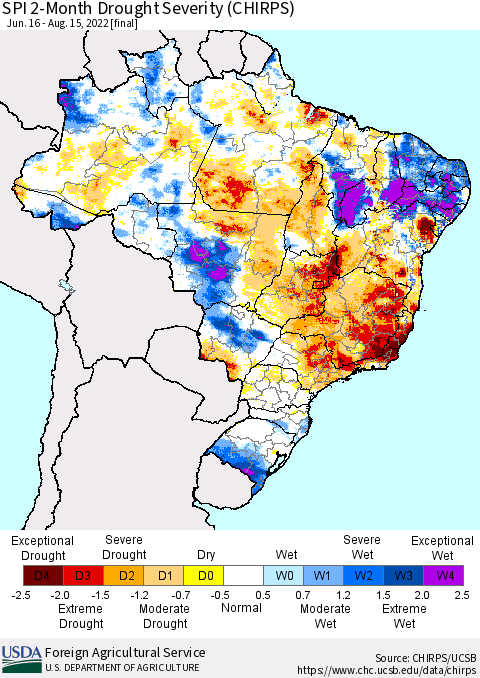 Brazil SPI 2-Month Drought Severity (CHIRPS) Thematic Map For 6/16/2022 - 8/15/2022