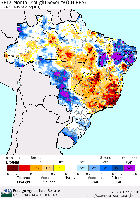 Brazil SPI 2-Month Drought Severity (CHIRPS) Thematic Map For 6/21/2022 - 8/20/2022