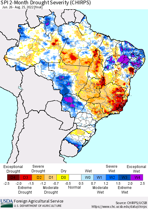 Brazil SPI 2-Month Drought Severity (CHIRPS) Thematic Map For 6/26/2022 - 8/25/2022