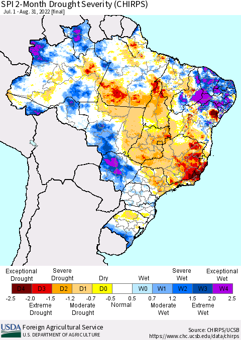 Brazil SPI 2-Month Drought Severity (CHIRPS) Thematic Map For 7/1/2022 - 8/31/2022