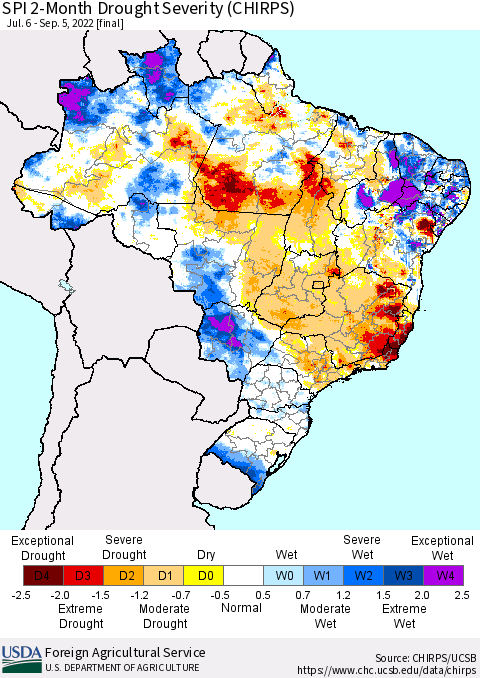 Brazil SPI 2-Month Drought Severity (CHIRPS) Thematic Map For 7/6/2022 - 9/5/2022