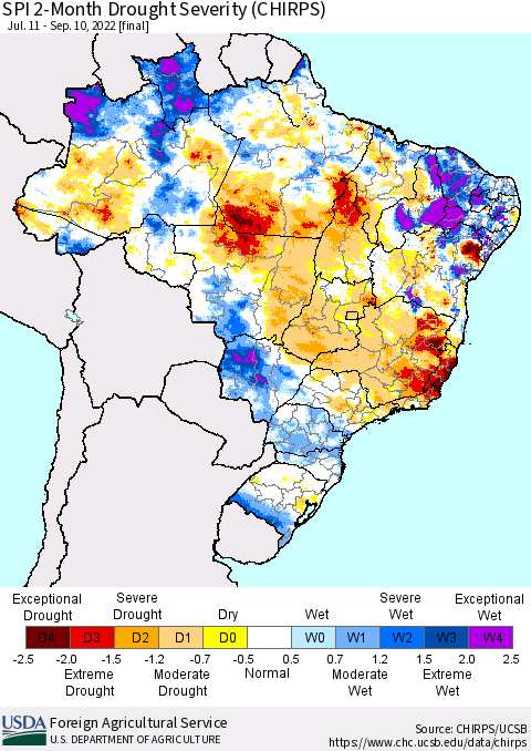 Brazil SPI 2-Month Drought Severity (CHIRPS) Thematic Map For 7/11/2022 - 9/10/2022