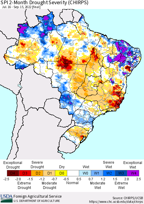 Brazil SPI 2-Month Drought Severity (CHIRPS) Thematic Map For 7/16/2022 - 9/15/2022