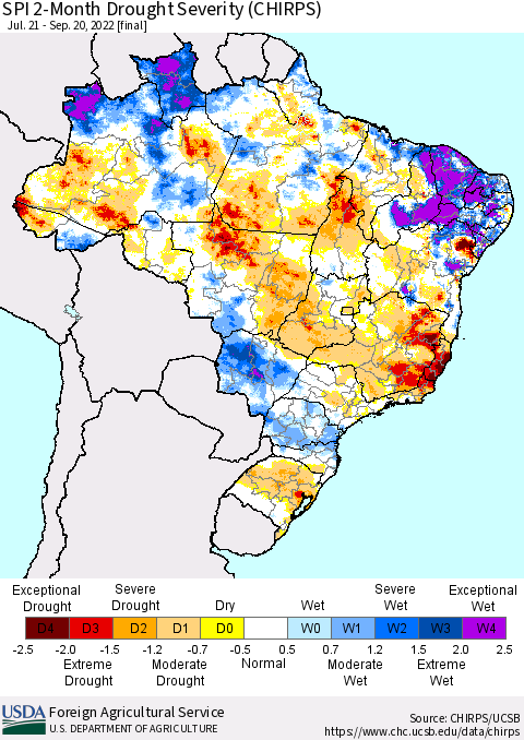 Brazil SPI 2-Month Drought Severity (CHIRPS) Thematic Map For 7/21/2022 - 9/20/2022