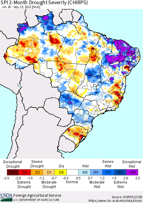 Brazil SPI 2-Month Drought Severity (CHIRPS) Thematic Map For 7/26/2022 - 9/25/2022
