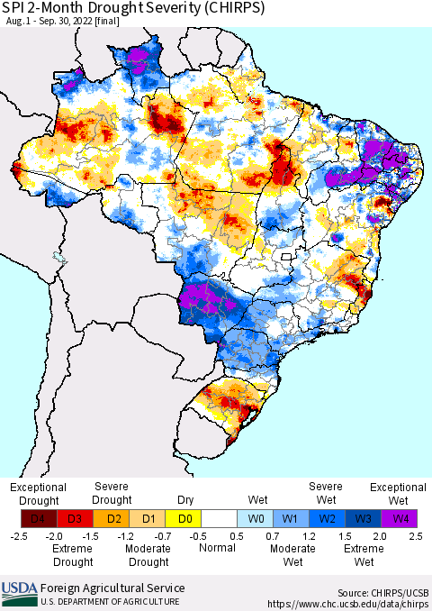 Brazil SPI 2-Month Drought Severity (CHIRPS) Thematic Map For 8/1/2022 - 9/30/2022