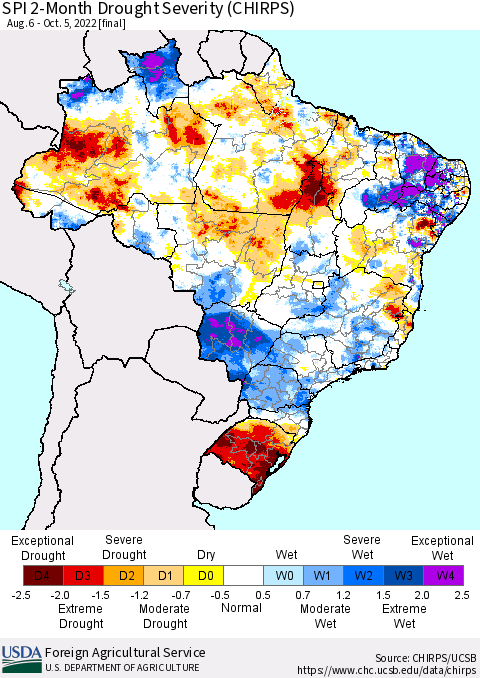 Brazil SPI 2-Month Drought Severity (CHIRPS) Thematic Map For 8/6/2022 - 10/5/2022